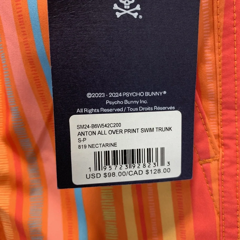 Psycho Bunny Men's Swim Shorts S Trunks Anton All Over Stripe‎ Nectarine Liner